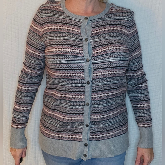L.L. Bean Cashmere Blend Sweater Button Front Cardigan Size Medium Gray Pink - Picture 1 of 9